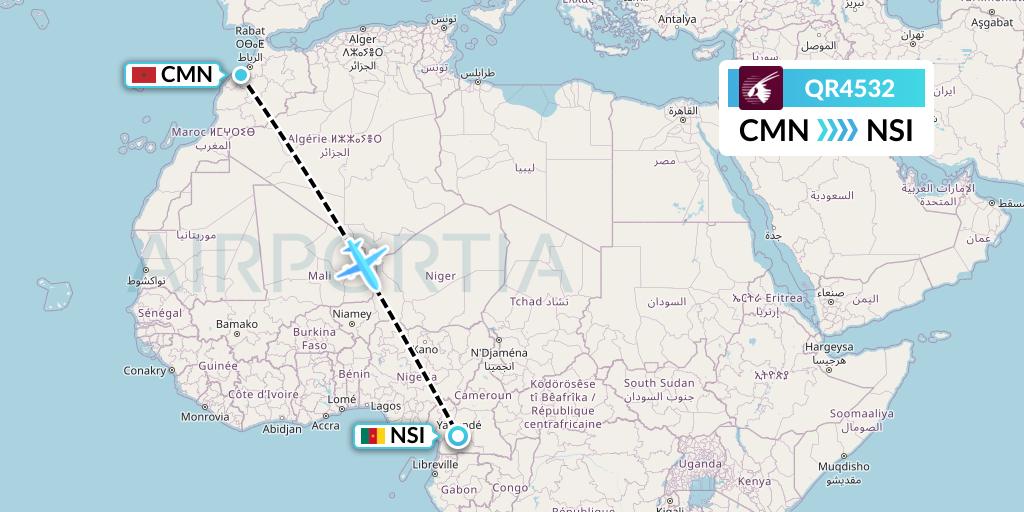 QR4532 Qatar Airways Flight Map: Casablanca to Yaounde