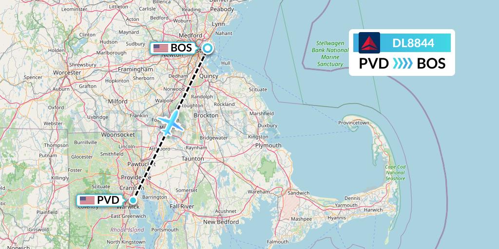DL8844 Delta Air Lines Flight Map: Providence to Boston