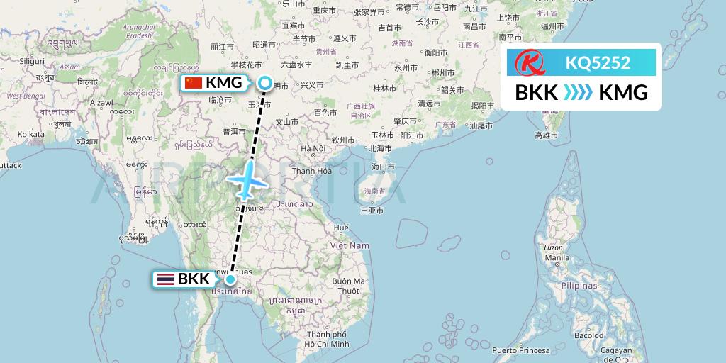KQ5252 Kenya Airways Flight Map: Bangkok to Kunming