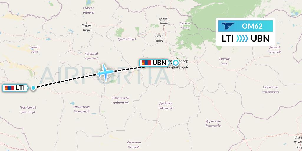 OM62 MIAT Mongolian Airlines Flight Map: Altai to Ulan Bator