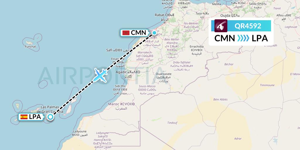 QR4592 Qatar Airways Flight Map: Casablanca to Las Palmas