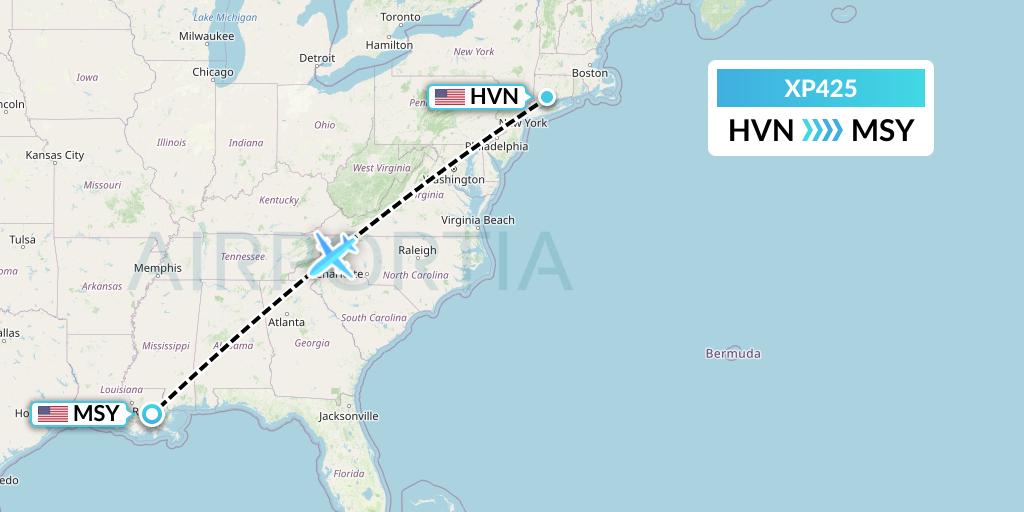 XP425 Avelo Airlines Flight Map: New Haven to New Orleans