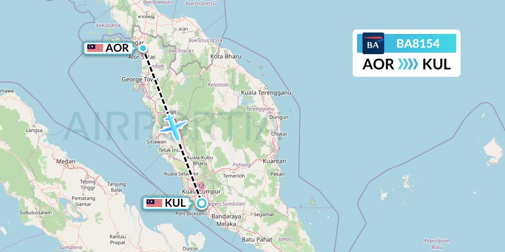 BA8154 British Airways Flight Map: Alor Setar to Kuala Lumpur