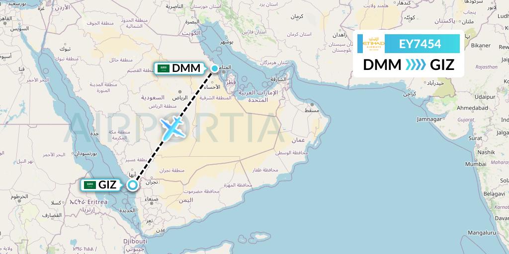 EY7454 Etihad Airways Flight Map: Dammam to Jizan