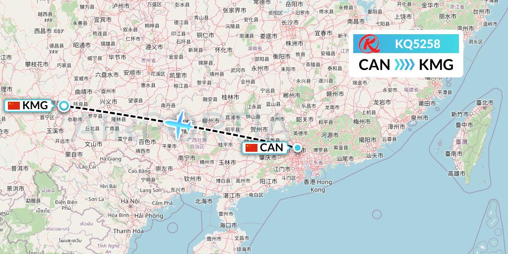 KQ5258 Kenya Airways Flight Map: Guangzhou to Kunming