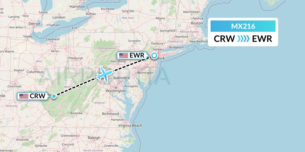 MX216 Breeze Airways Flight Map: Charleston to New York