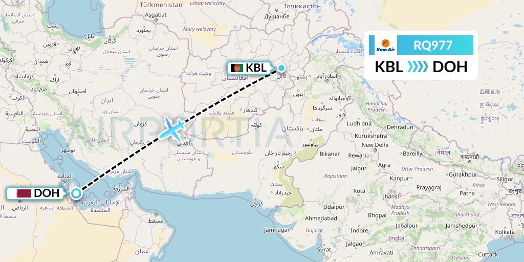 RQ977 Kam Air Flight Map: Kabul to Doha