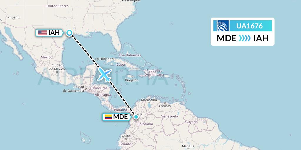 UA1676 United Airlines Flight Map: Medellin to Houston