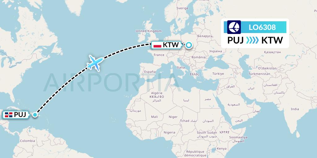 LO6308 LOT Flight Map: Punta Cana to Katowice