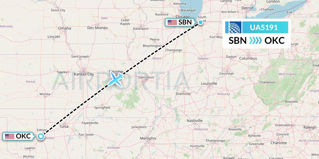 UA5191 United Airlines Flight Map: South Bend to Oklahoma City
