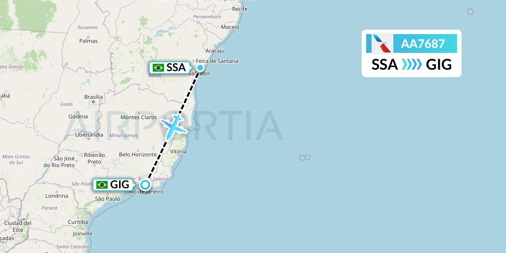 AA7687 American Airlines Flight Map: Salvador to Rio de Janeiro