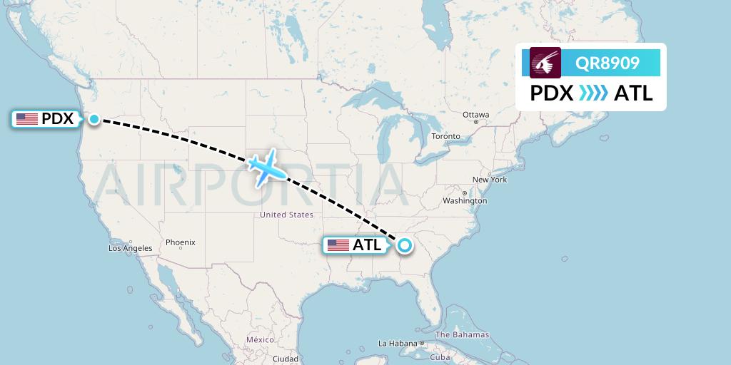 QR8909 Qatar Airways Flight Map: Portland to Atlanta