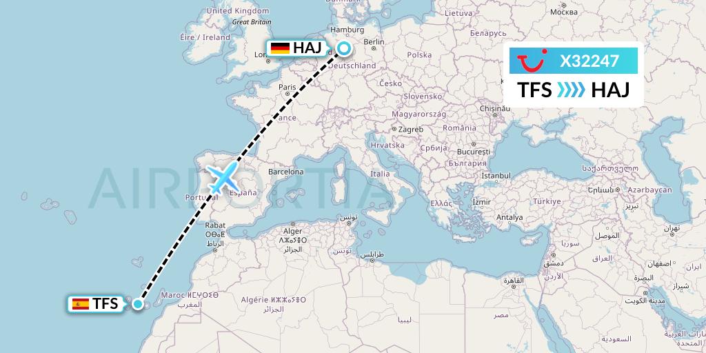 X32247 TUI fly Germany Flight Map: Tenerife to Hannover