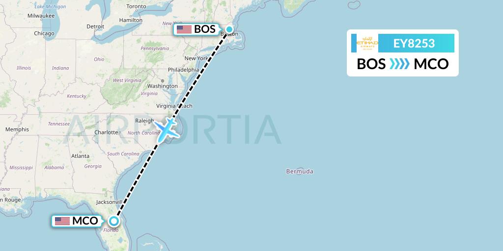 EY8253 Etihad Airways Flight Map: Boston to Orlando