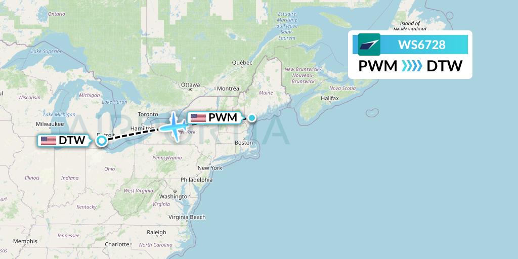 WS6728 WestJet Flight Map: Portland to Detroit