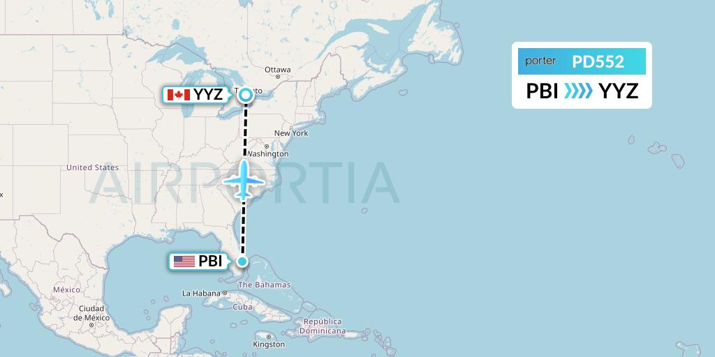 PD552 Porter Airlines Flight Map: West Palm Beach to Toronto