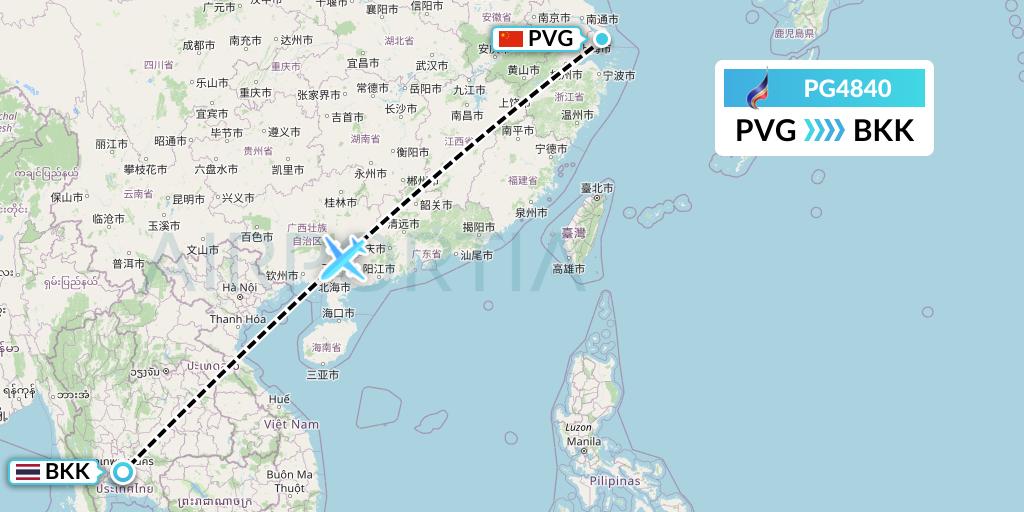 PG4840 Bangkok Airways Flight Map: Shanghai to Bangkok