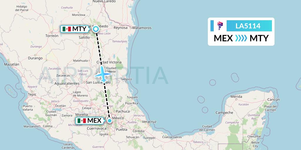 LA5114 LAN Airlines Flight Map: Mexico City to Monterrey