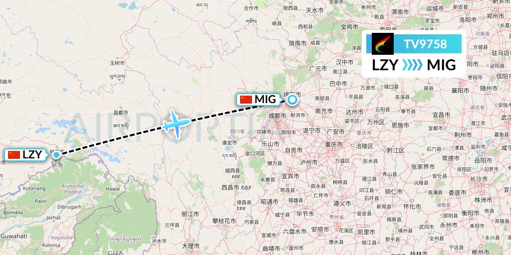 TV9758 Tibet Airlines Flight Map: Nyingchi to Mianyang