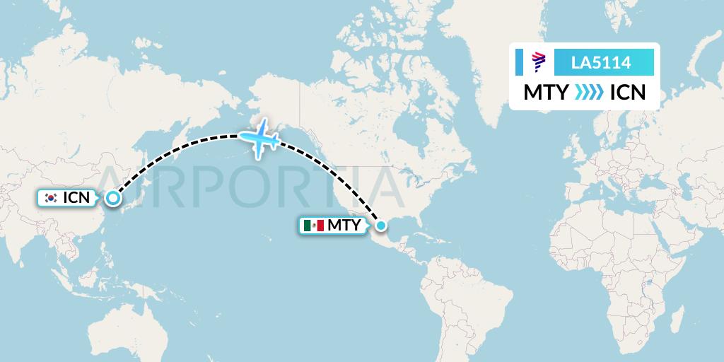 LA5114 LAN Airlines Flight Map: Monterrey to Seoul