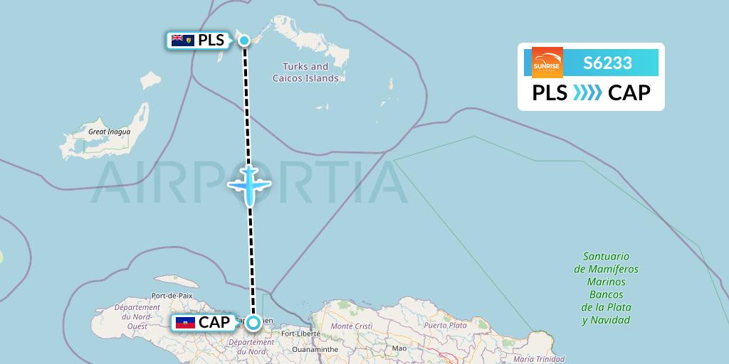 S6233 Sunrise Airways Flight Map: Providenciales to Cap-Haitien
