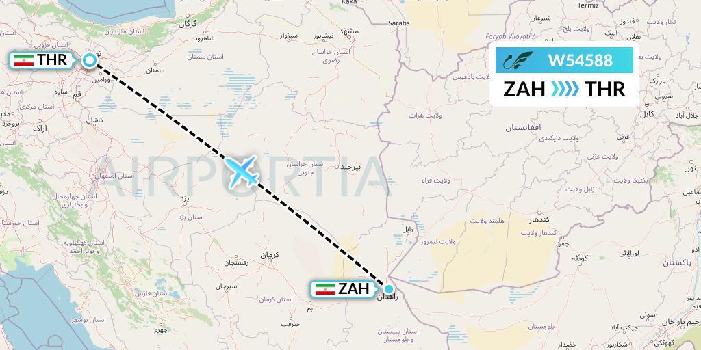 W54588 Mahan Air Flight Map: Zahedan to Tehran