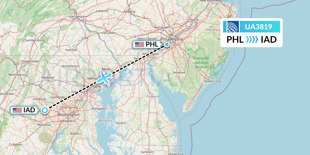 UA3819 United Airlines Flight Map: Philadelphia to Washington