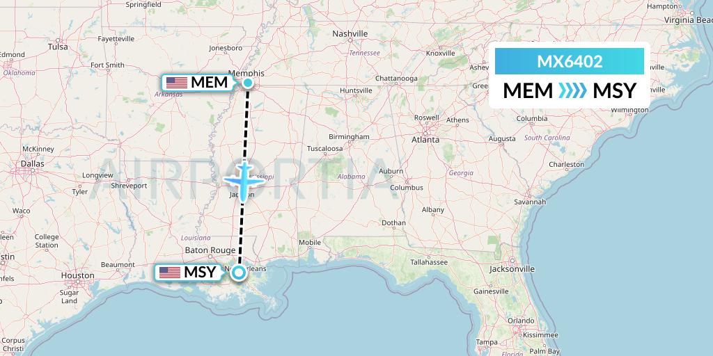 MX6402 Breeze Airways Flight Map: Memphis to New Orleans