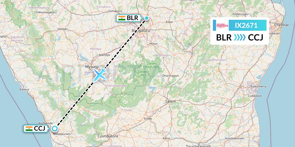 IX2671 Air India Express Flight Map: Bangalore to Kozhikode