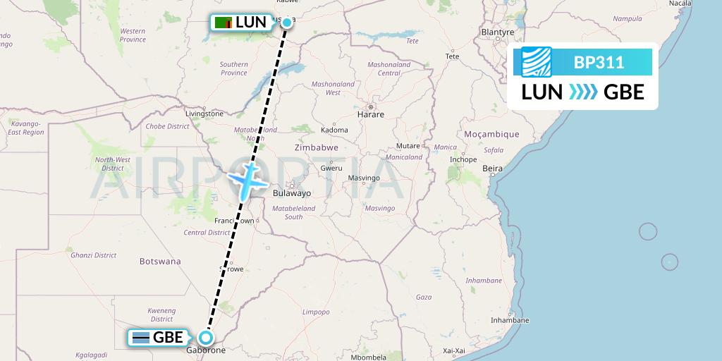 BP311 Air Botswana Flight Map: Lusaka to Gaborone
