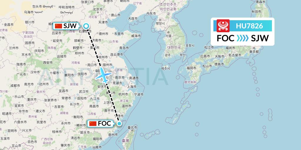 HU7826 Hainan Airlines Flight Map: Fuzhou to Shijiazhuang