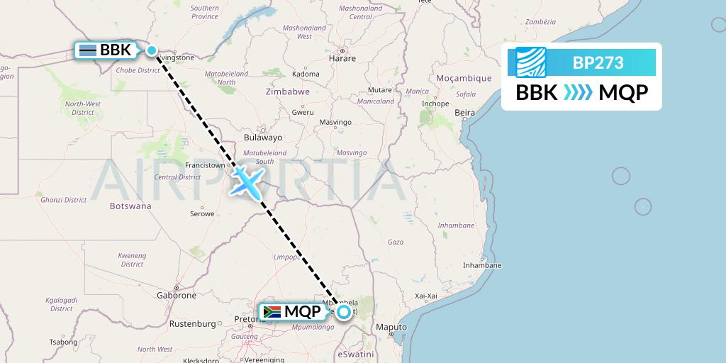 BP273 Air Botswana Flight Map: Kasane to Nelspruit