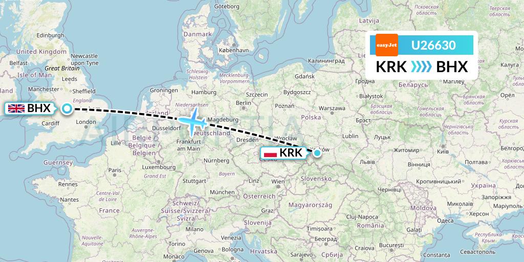 U26630 EasyJet Flight Map: Krakow to Birmingham