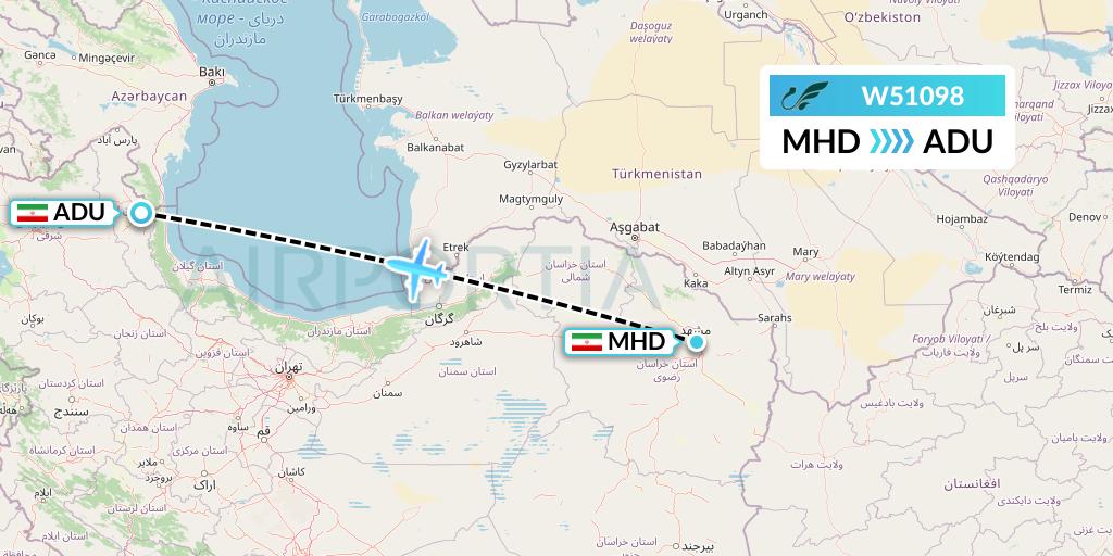 W51098 Mahan Air Flight Map: Mashhad to Ardabil
