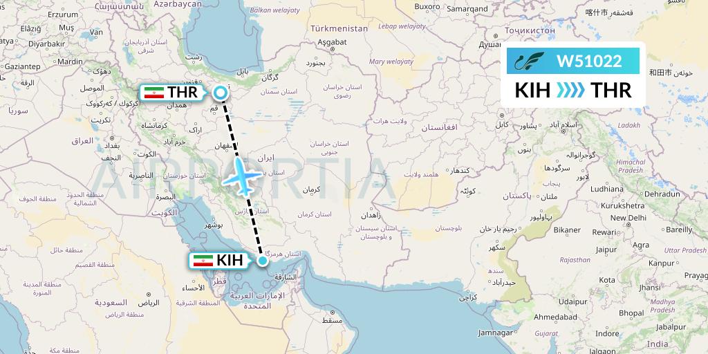 W51022 Mahan Air Flight Map: Kish Island to Tehran