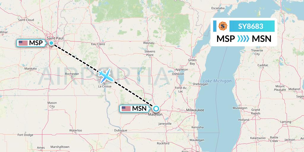SY8683 Sun Country Airlines Flight Map: Minneapolis to Madison