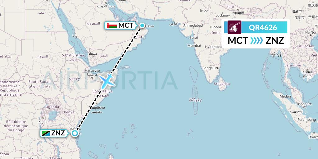 QR4626 Qatar Airways Flight Map: Muscat to Zanzibar