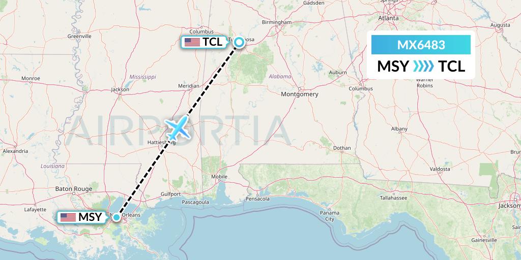 MX6483 Breeze Airways Flight Map: New Orleans to Tuscaloosa