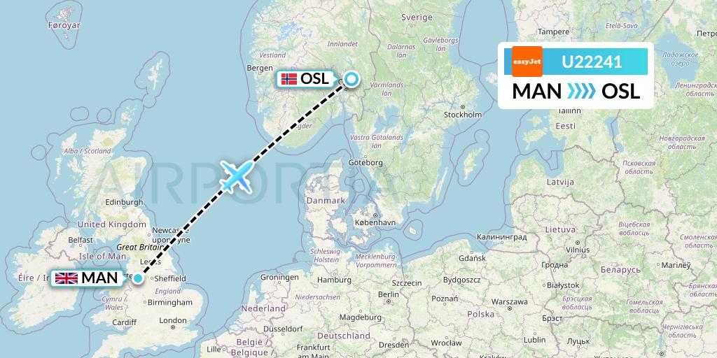 U22241 EasyJet Flight Map: Manchester to Oslo