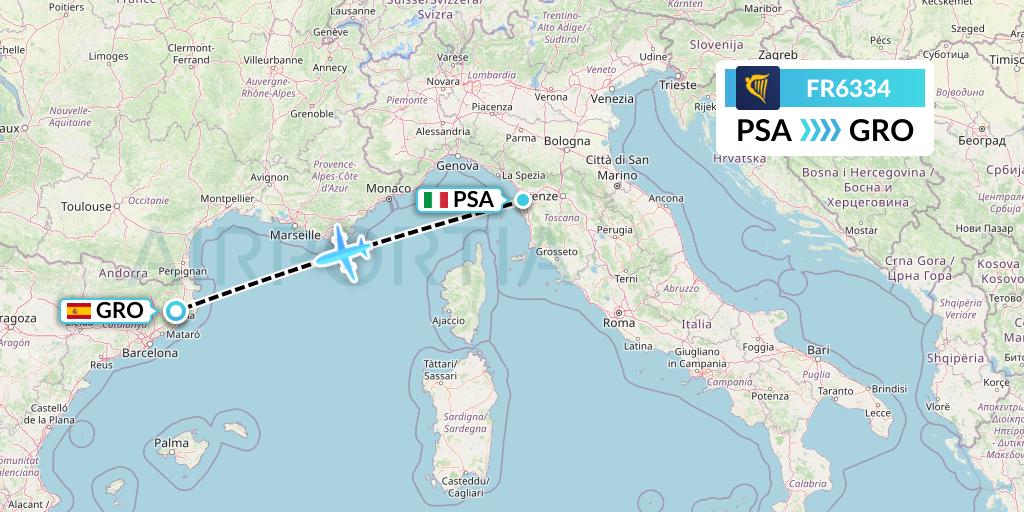 FR6334 Ryanair Flight Map: Pisa to Girona