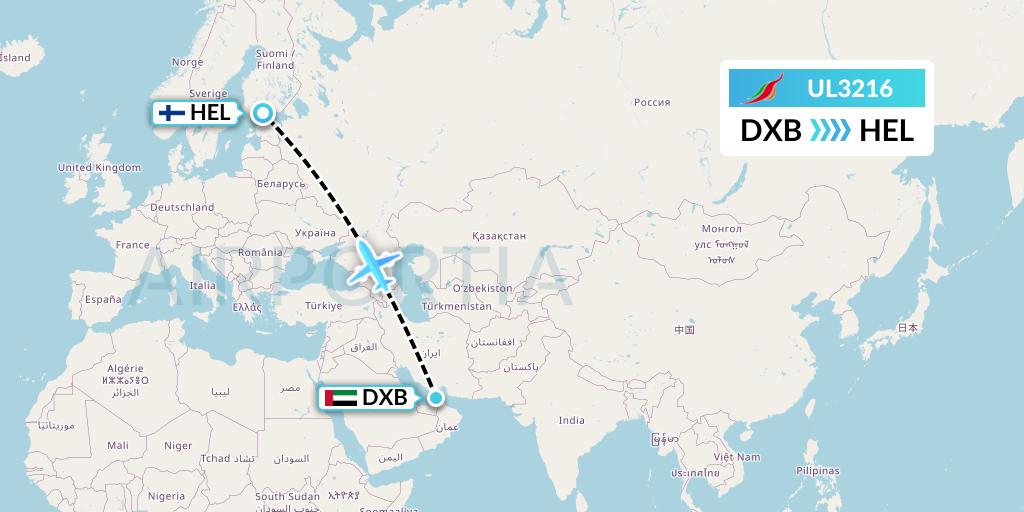 UL3216 SriLankan Airlines Flight Map: Dubai to Helsinki