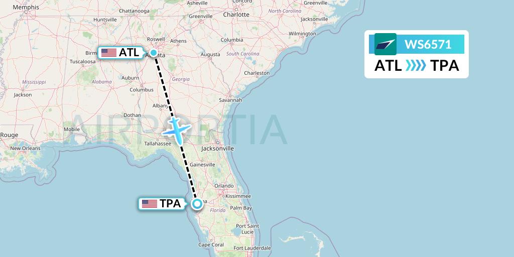 WS6571 WestJet Flight Map: Atlanta to Tampa