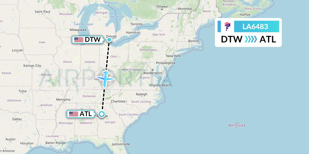 LA6483 LAN Airlines Flight Map: Detroit to Atlanta