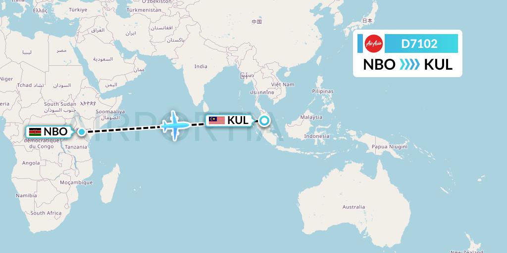 D7102 AirAsia X Flight Map: Nairobi to Kuala Lumpur