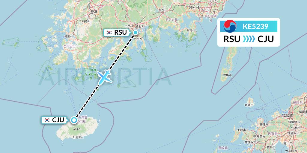 KE5239 Korean Air Flight Map: Yeosu to Jeju