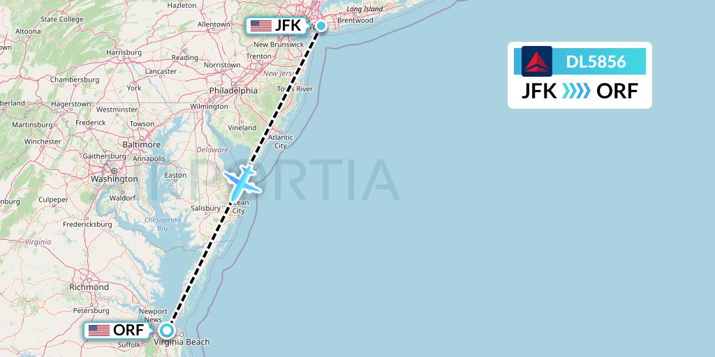 DL5856 Delta Air Lines Flight Map: New York to Norfolk