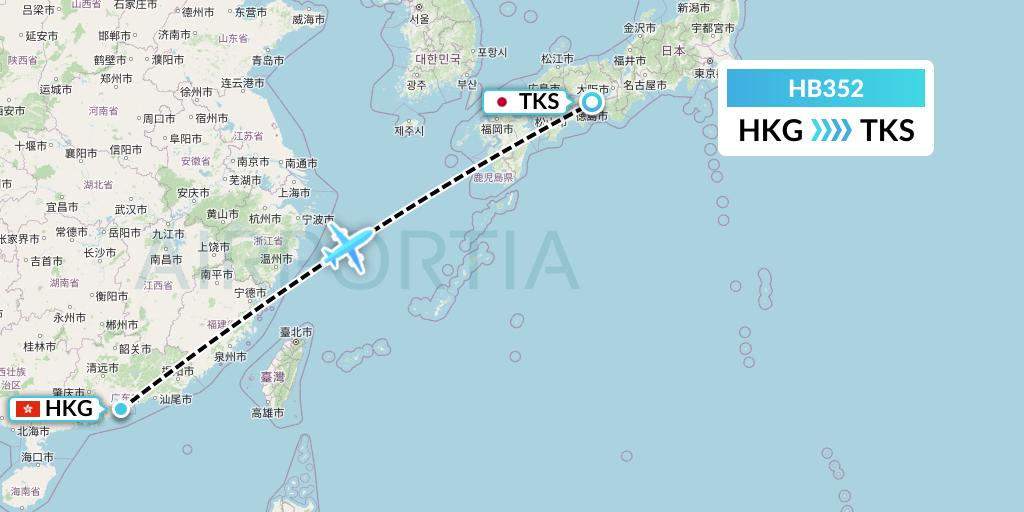 HB352 Greater Bay Airlines Flight Map: Hong Kong to Tokushima