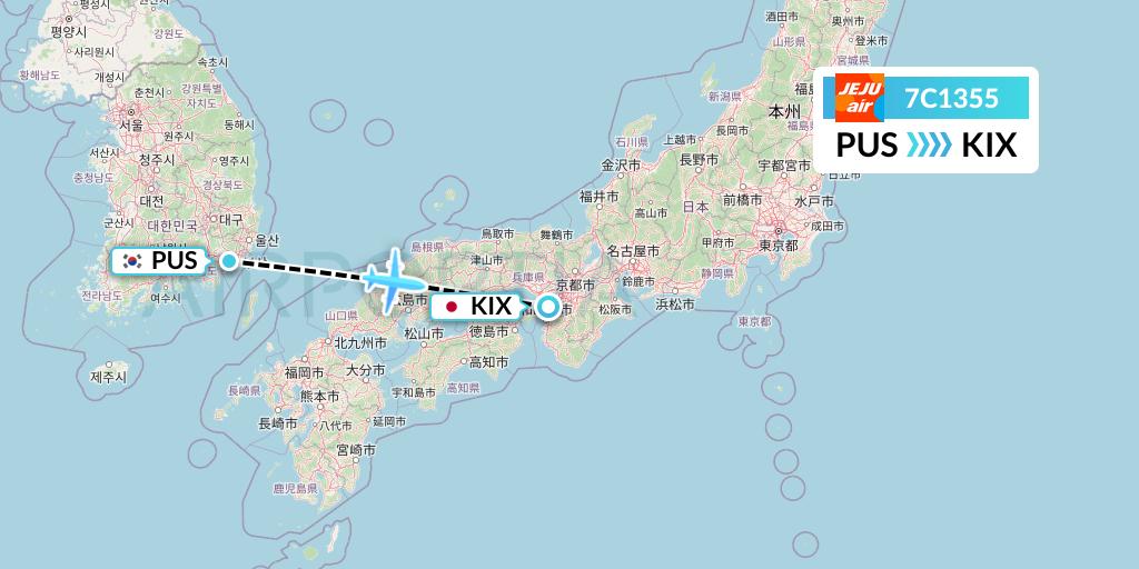 7C1355 Jeju Air Flight Map: Busan to Osaka