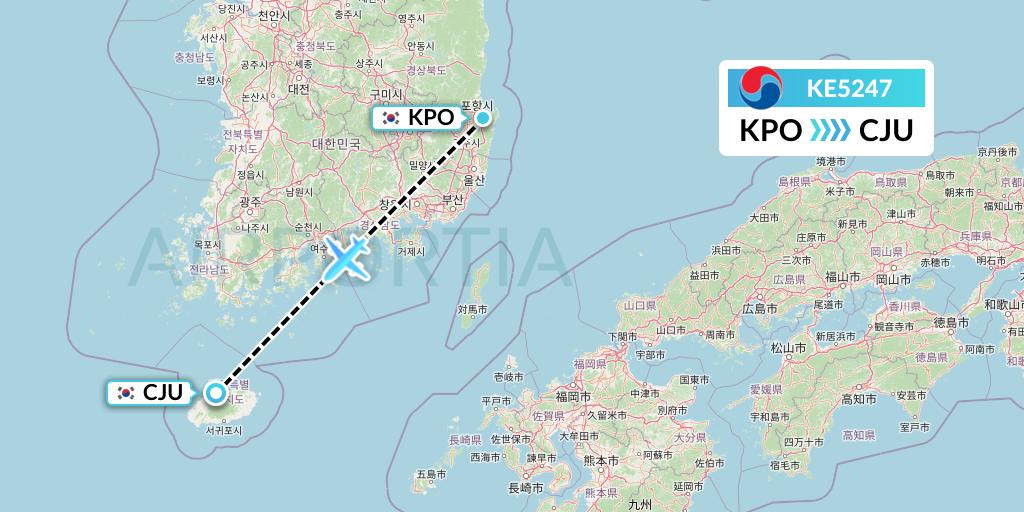 KE5247 Korean Air Flight Map: Pohang to Jeju
