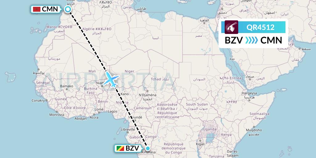 QR4512 Qatar Airways Flight Map: Brazzaville to Casablanca